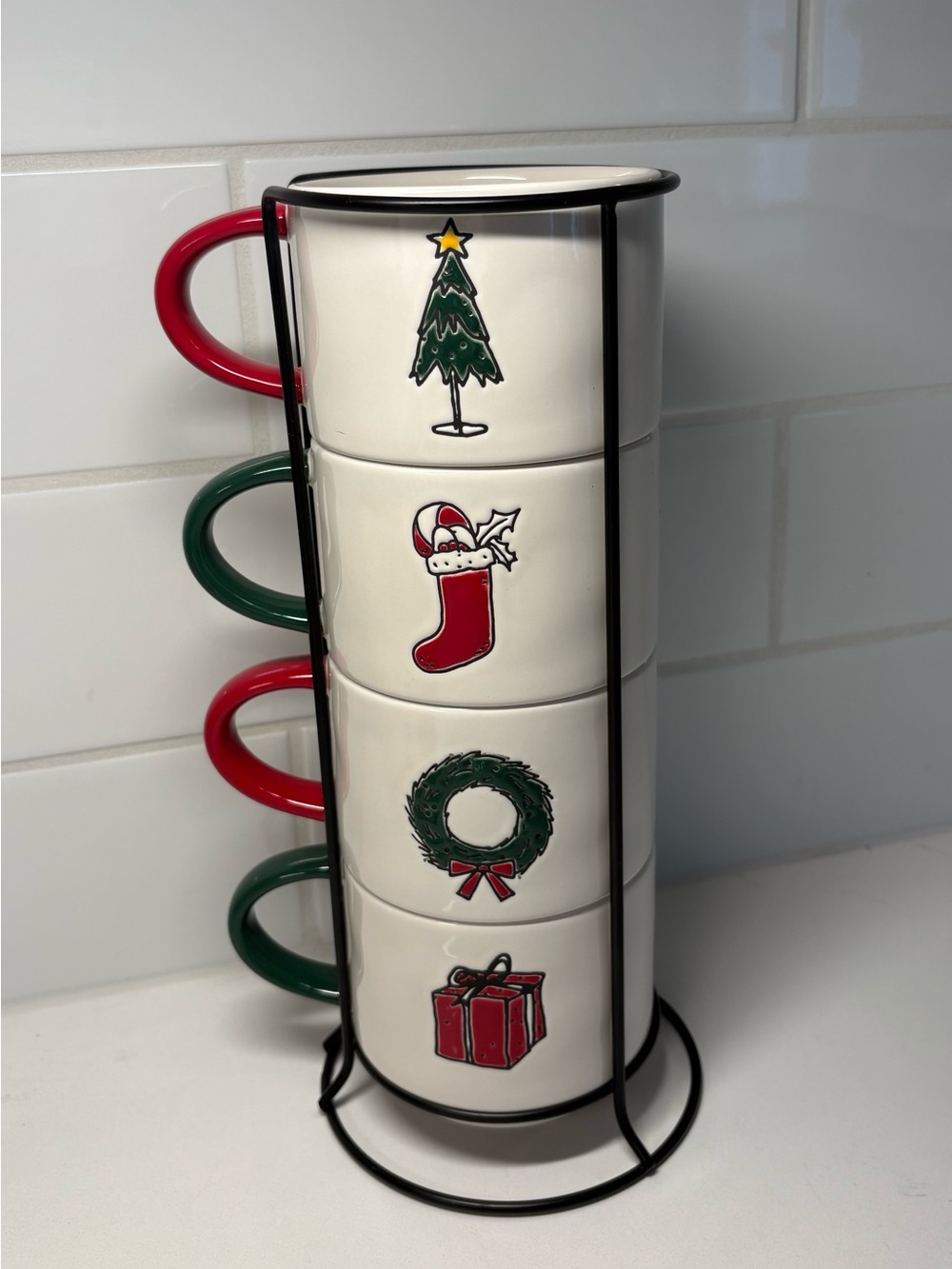 Rae Dunn Artisan Set of 4 Double-sided Holiday Mugs w/ Stand